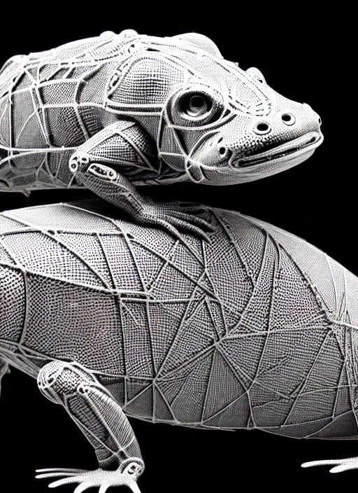 Prompt: a synthwave wireframe axolotl, face is made intricate tribal bio - mechanical, bw, unreal engine, glamor shot, nikon d 7 5 0, closeup, f / 2. 8, low contrast, 1 6 k, rim lighting, optical fiber, cinematic lighting, insanely detailed and intricate, hypermaximalist, elegant, ornate, hyper realistic,