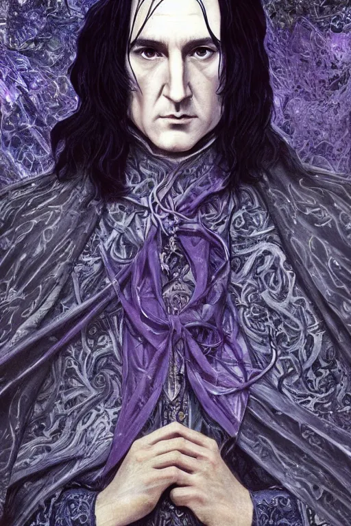 Prompt: breathtaking detailed painting of a handsome young severus snape with a long intricate cloak and silver ribbons, by ayami kojima and brom, in an art nouveau amethyst stained glass, detailed realistic facial features, 8 k, concept art, matte, sharp focus, rembrandt style