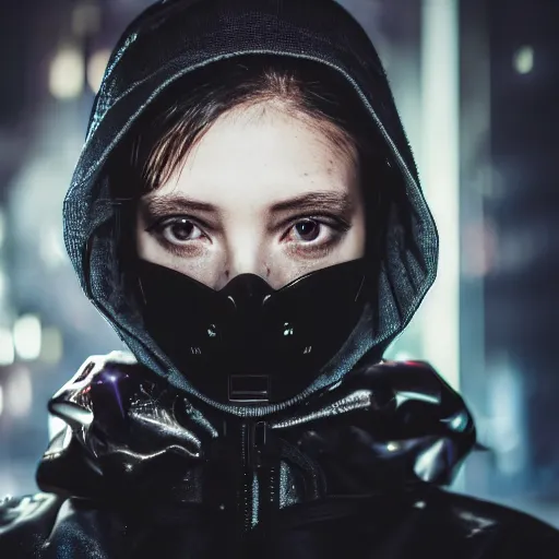 Image similar to photograph of a techwear mixed young woman inside a hidden club, closeup, brutalist design, cyberpunk, sigma 85mm f/1.4, 4k, depth of field, high resolution, 4k, 8k, hd, full color