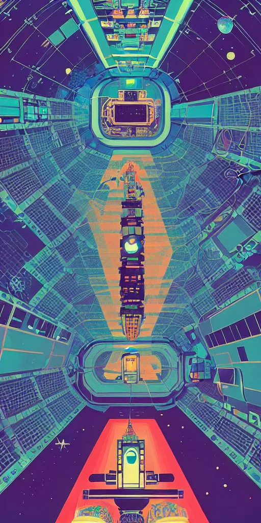 Image similar to the interior of an international space station filled with electronic equipment, ancient futuristic japanese temple, poster art by victo ngai, ori toor, kilian eng behance contest winner, crystal cubism, poster art, cubism, tarot card, psychedelic art, concert poster, poster art, maximalist