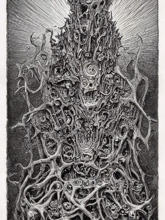 Prompt: A horror illustration design of a Necronomicon from hell revealing the fate of mankind,by James Jean and M.W.kaluta and james c. christensen and aaron horkey and peter gric,trending on pinterest,medieval,ossuary,rococo,fractalism,maximalist,glittering,feminine