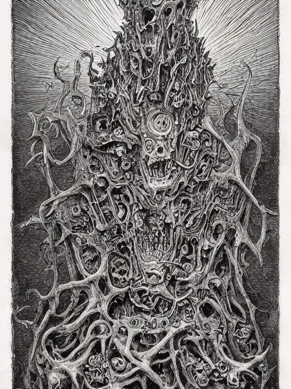 Image similar to A horror illustration design of a Necronomicon from hell revealing the fate of mankind,by James Jean and M.W.kaluta and james c. christensen and aaron horkey and peter gric,trending on pinterest,medieval,ossuary,rococo,fractalism,maximalist,glittering,feminine