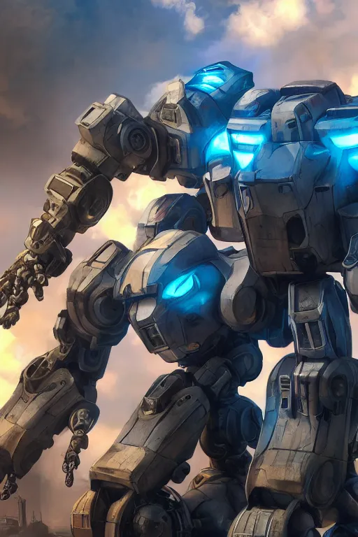 Image similar to mechwarrior 5 : mercenaries mech megaman transformer robot boss tank engine game octane render, 4 k, hd 2 0 2 2 3 d cgi rtx hdr style chrome reflexion glow fanart, global illumination ray tracing hdr fanart arstation by ian pesty by jesper ejsing pixar and disney unreal zbrush central hardmesh