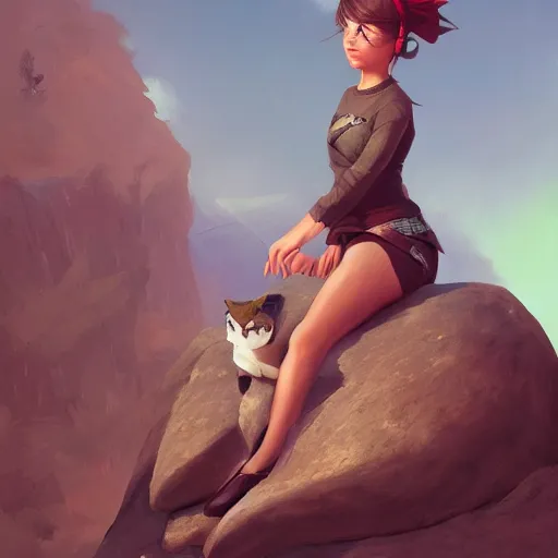 Image similar to a painting of a person sitting on a rock with a cat and a plane at the side, an ultrafine detailed painting by mandy jurgens, featured on deviantart, fantasy art, 2 d game art, ilya kuvshinov, steampunk