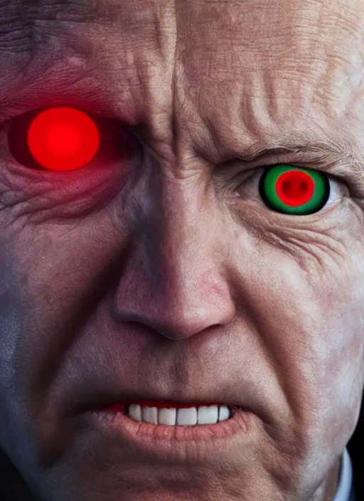 Image similar to hyper realistic ultra realistic towering photo furious glowing red wrath eyes biden, high quality photo, detailed , 8k