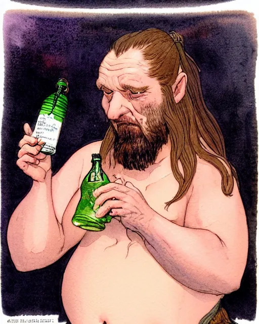 Image similar to a realistic and atmospheric watercolour fantasy character concept art portrait of a fat, chibi qui - gon jinn drinking out of a bottle with pink eyes wearing a wife beater. by rebecca guay, michael kaluta, charles vess and jean moebius giraud