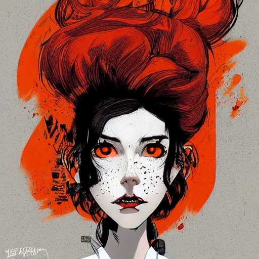 Image similar to Highly detailed portrait of pretty punk zombie young lady with, freckles and beautiful hair by Atey Ghailan, by Loish, by Bryan Lee O'Malley, by Cliff Chiang, inspired by image comics, inspired by graphic novel cover art, inspired by izombie, inspired by scott pilgrim !! Gradient orange, black and white color scheme ((grafitti tag brick wall background)), trending on artstation