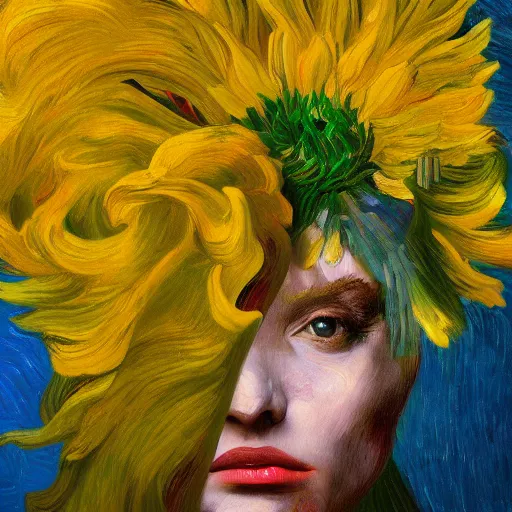 Prompt: giant flower head, woman in a luxury apartment, surreal photography, dramatic light, impressionist painting, digital painting, artstation, van gogh