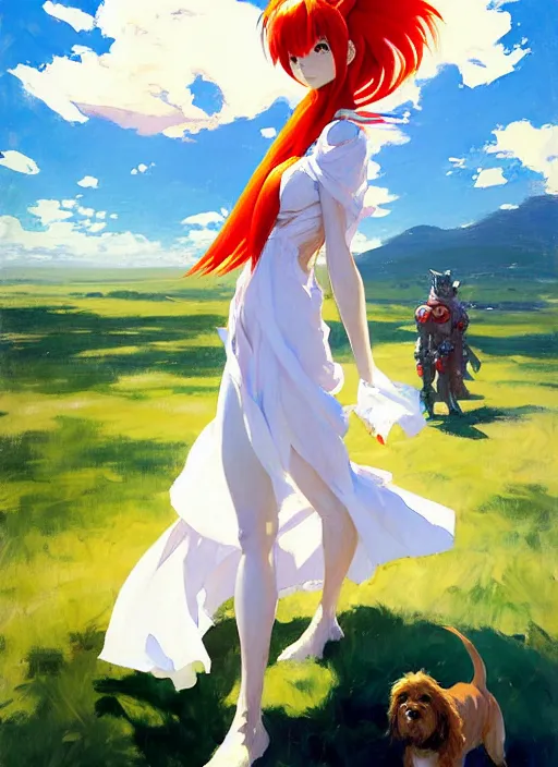 Image similar to Greg Manchess painting of Asuka Langley Soryu in a casual white dress out with the dogs, EVA unit-00 in the back, countryside, fantasy character portrait, dynamic pose, above view, sunny day, thunder clouds in the sky, artwork by Jeremy Lipkin and Giuseppe Dangelico Pino and Michael Garmash and Rob Rey, very coherent asymmetrical artwork, sharp edges, perfect face, simple form, wacky, 100mm