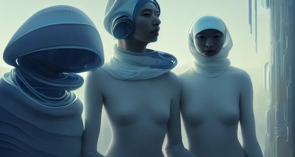 Image similar to portrait of yael shelbia and kang seul - gi, venus squid astronaut, burka, symetrical facial, white hair, intricate design details. cyberpunk, touareg, by ruan jia and beeple. smooth gradients, deep space.