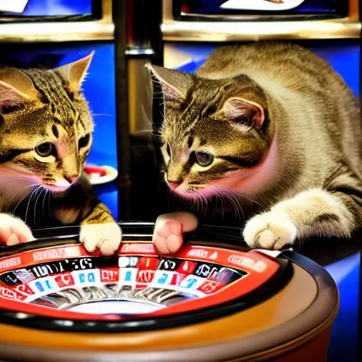 Image similar to cats sitting at the slot machines in a casino gambling and smoking cigarettes