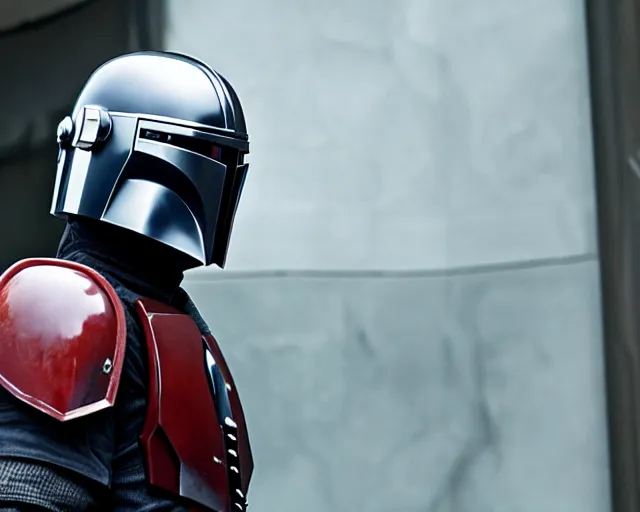 Prompt: a mandalorian is looking at the helmets