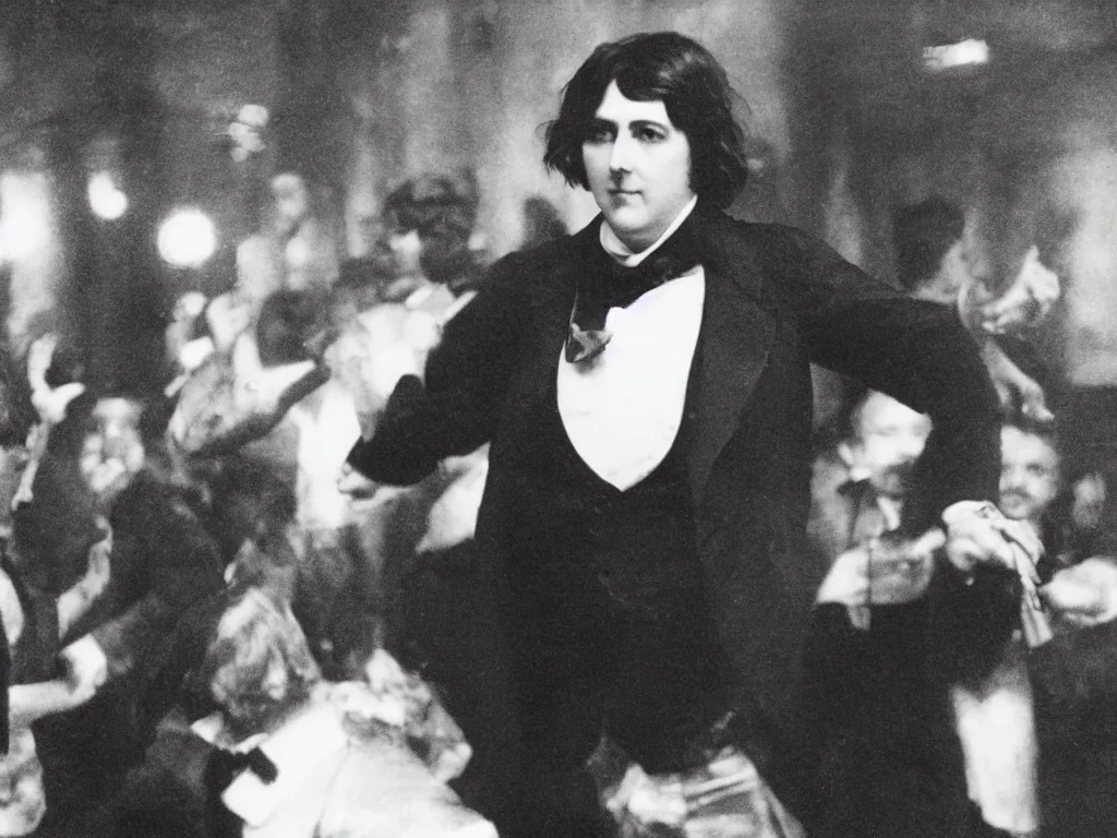 Image similar to dslr close up photo of oscar wilde dancing at a gay club, color, photography, 8 k, highly detailed, lighting, cmyk, realism, 3 5 mm color grain