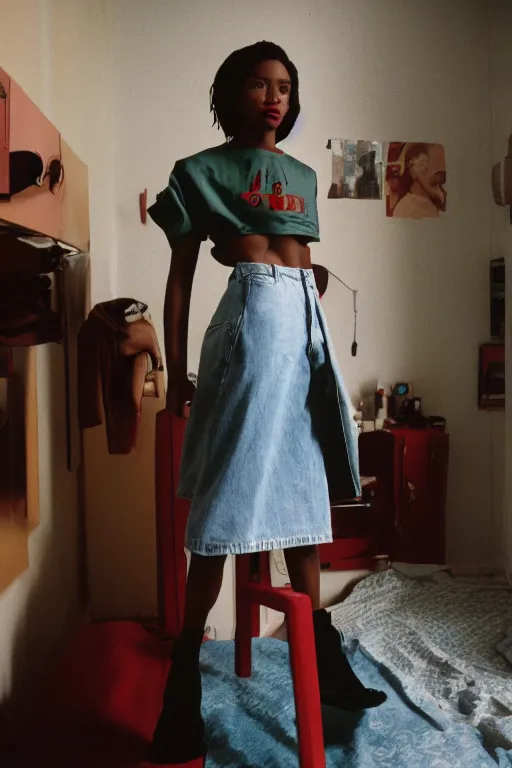 Image similar to realistic! photoshoot for a new vetements lookbook, color film photography, portrait of a beautiful woman, location in a apartment, in style of tyler mitchell, 35mm