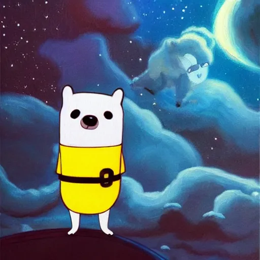Prompt: jake the dog from adventure time floating in space, romantic oil painting, dark, melanchonic, adventure time
