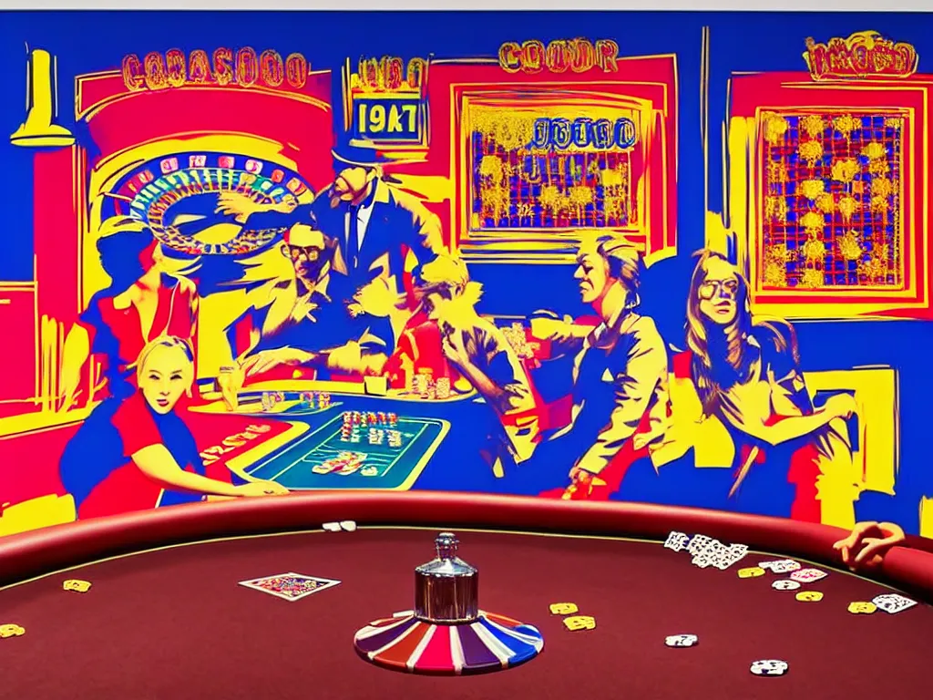 Image similar to hyper - realistic composition of a room in a casino with an extremely detailed poker table, croupier standing nearby fireworks in the background, pop art style, jackie tsai style, andy warhol style, acrylic on canvas