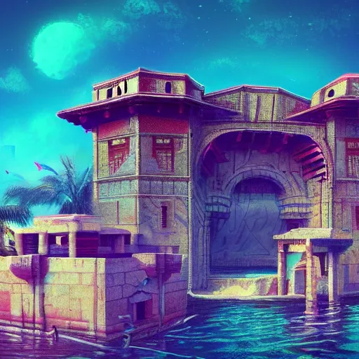 Image similar to ancient ottoman structure, retrowave epic art, trending on art station