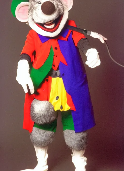 Image similar to Chuck E. Cheese mascot low quality 2002 circus portrait of an anthropomorphic rat animatronic dressed like a clown, professional portrait, camera flash, dimly lit mouse, Chuck E. Cheese head, authentic, mouse, costume weird creepy, off putting, nightmare fuel, Chuck E. Cheese