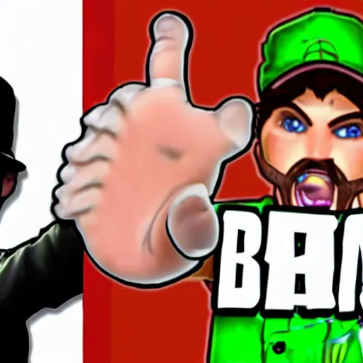 Image similar to vinesauce joel pointing at vinesauce vinny saying bogan burger, meme, realistic, hdr, clear image,