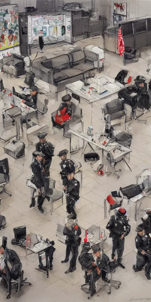 Prompt: oil painting scene from london police office by kim jung gi