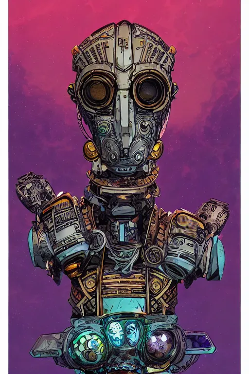 Prompt: Afrofuturism, a zulu voodoo mask helmet bot borderland that looks like it is from Borderlands and by Feng Zhu and Loish and Laurie Greasley, Victo Ngai, Andreas Rocha, John Harris