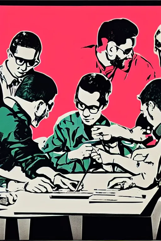 Image similar to 5 men writing code on laptops around a table, pop art, warhol