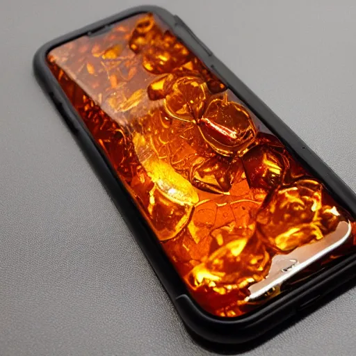 Prompt: an iphone encased in amber, photo realistic, hd,