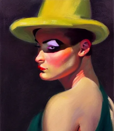 Image similar to a high quality, high detail, portrait of a drag queen by edward hopper, intense look in the eyes, moody, nostalgic