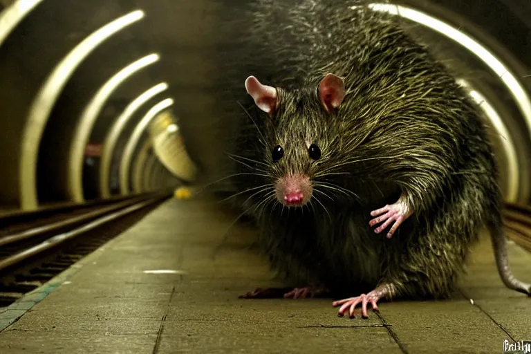 Image similar to very large giant mutant zombie irradiated ( angry rat ) staying on railways in tonnel of moscow subway. tonnel, railways, giant angry rat, furr, fangs, claws, very realistic. extreme long shot, 1 6 mm, herman nitsch, giger.