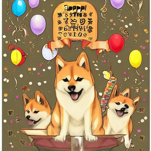 Image similar to expensive birthday card with happy shiba inu dogs singing, Nintendo game art, Hayao Miyazaki, intricate detail, illustration, beautiful lighting,
