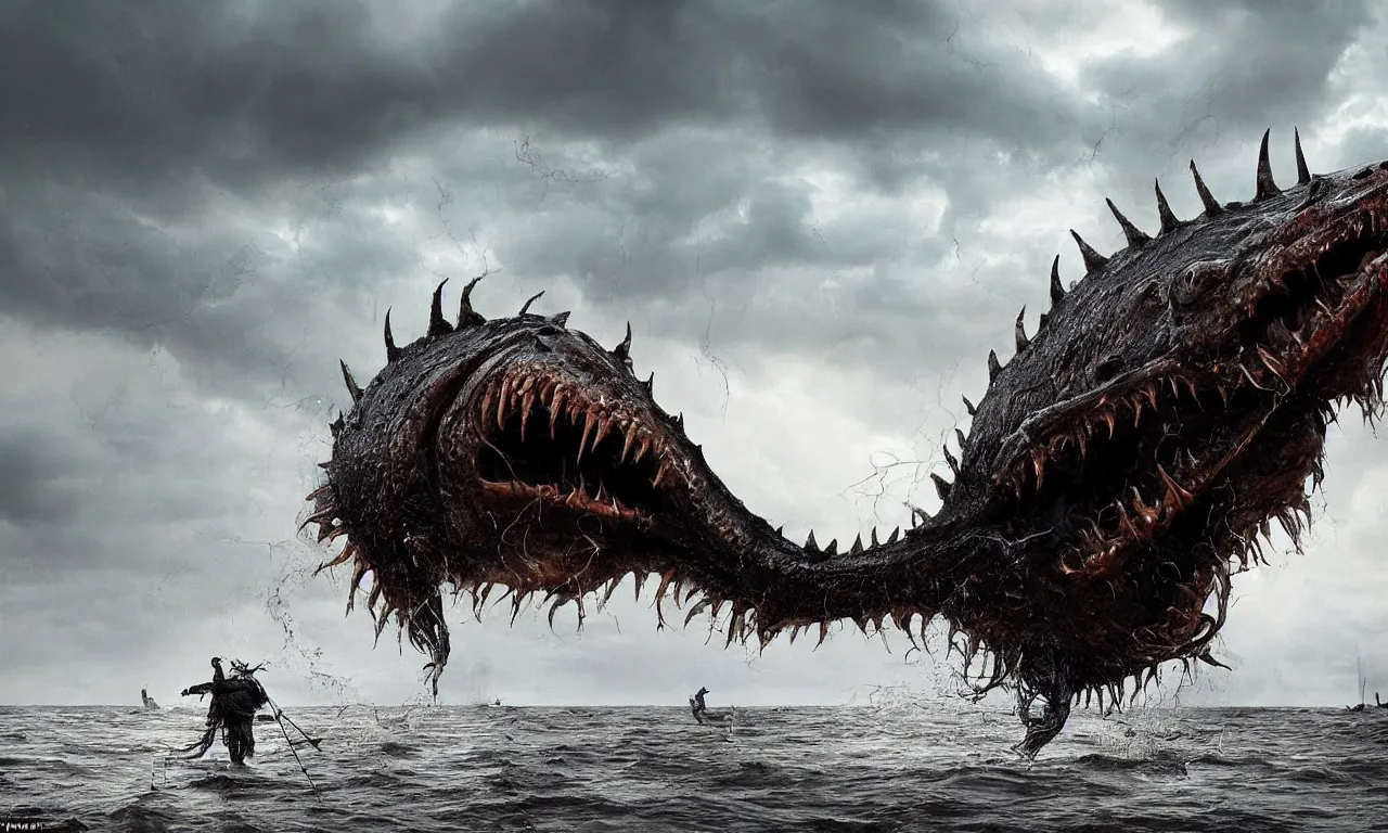 Prompt: a gigantic ultra-detailed scary monster that looks like an angler-fish with extremities like crocodile ,wet and slimy with a very large mouth, is coming out of the sea on a beach, there are people fleeing in terror, photo-realistic, stormy sky, photo by national geographic