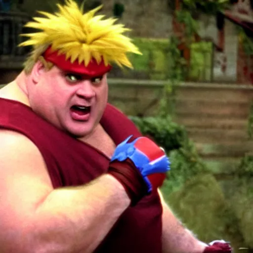 Image similar to Chris Farley as Blanka from Street Fighter ,photography, action shot