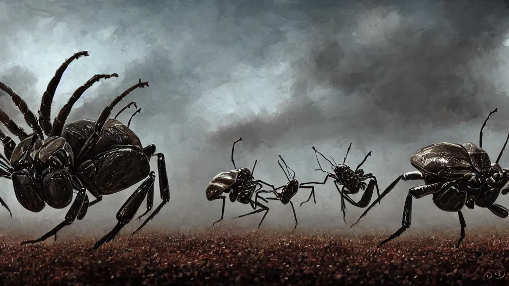 Image similar to cinematic painting of an army of giant bugs