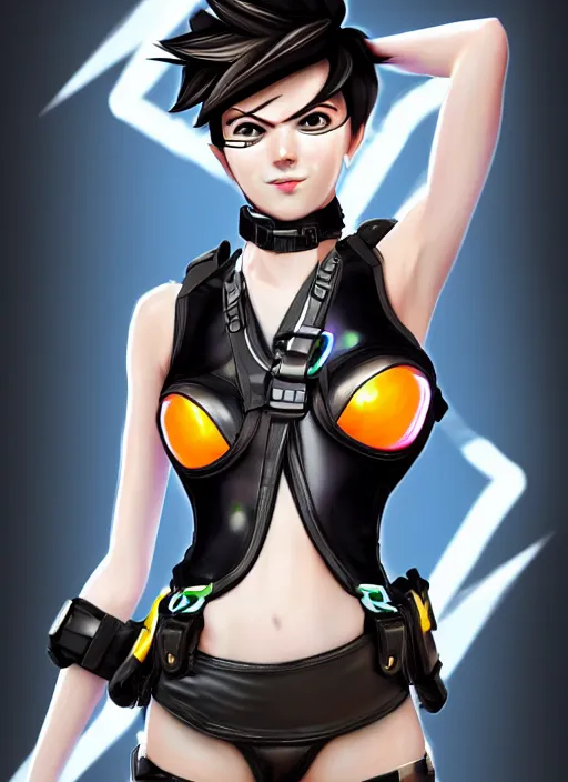 Prompt: full body digital artwork of tracer overwatch, wearing black iridescent rainbow latex tank top, 4 k, expressive happy smug expression, makeup, in style of mark arian, wearing detailed black leather collar, chains, black leather harness, leather cuffs around wrists, detailed face and eyes,