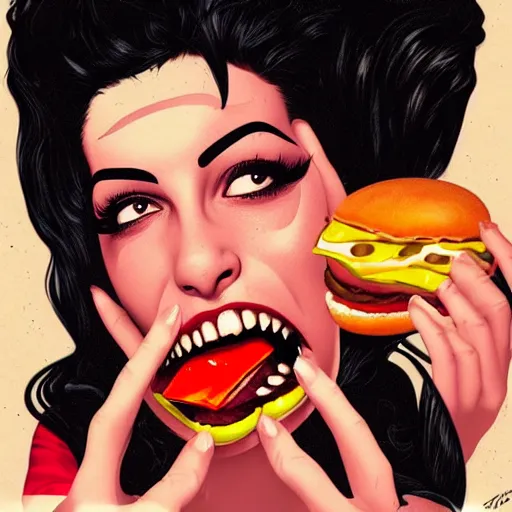 Prompt: Amy Winehouse Eating a Hamburger, spilling ketchup, horror illustration, dramatic, by Sachin Teng + Karol Bak + Rolf Armstrong