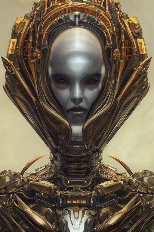 Image similar to portrait of mad alien robot queen, symmetrical, by yoichi hatakenaka, juan gimenez, brom, karol bak, alphone mucha, gustave dore, james jean, cgsociety and artstation, hd, 4 k, clear line