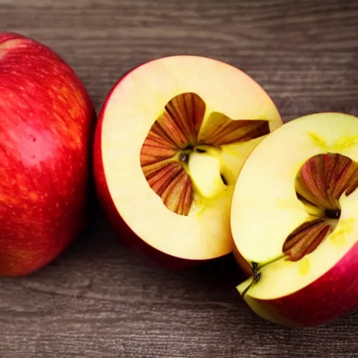 Prompt: the inside of an apple sliced in half is the flesh of an orange, apple orange