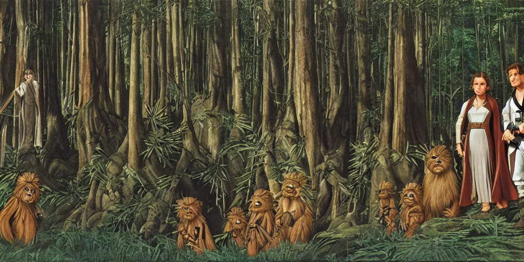 Image similar to luke skywalker, princess leia and han solo meet the ewoks in the forest of endor, in return of the jedi, a masterful painting by sandro botticelli, 4 k