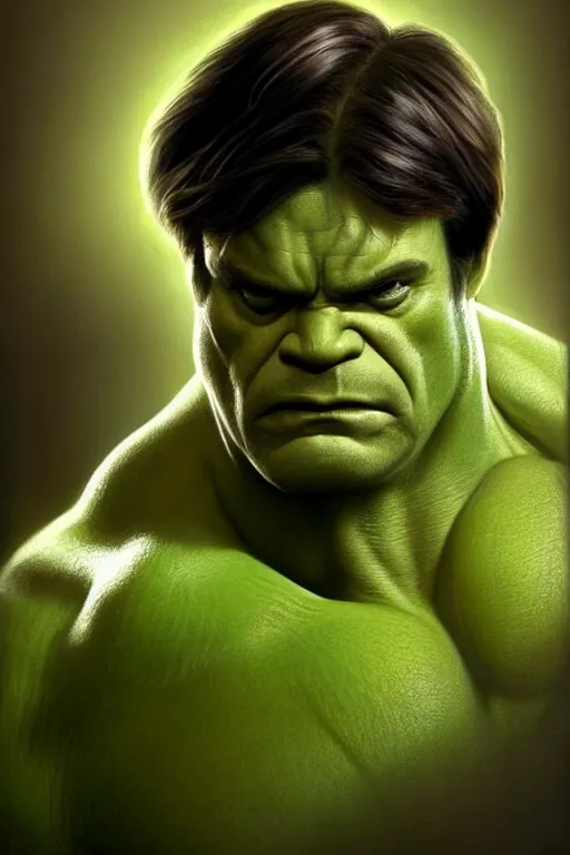 Image similar to Dwight Schrute as Hulk, Hulk costume, Dwight Schrute hairstyle, Hulk body type, Dwight Schrute Face, calm, grumpy, portrait, masculine figure, highly detailed, digital painting, artstation, concept art, smooth, sharp focus, illustration, cinematic lighting, art by artgerm and greg rutkowski and alphonse mucha