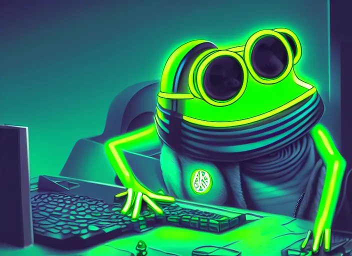 Prompt: futuristic pepe the frog, cyberpunk, vaporware, digital computer world, neon, dylan kowalski, marat zakirov, albert ramon puig, trending on artstation, 8 k