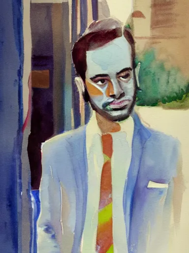 Prompt: water color painting, artwork by saul leiter, of a solo individual portrait of an indian guy holding lilies, dapper, simple illustration, domestic, nostalgic, full of details, matte painting, trending on artstation and unreal engine