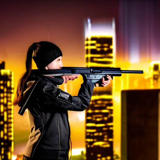 Image similar to photographic portrait of a techwear woman holding a shotgun, closeup, on the rooftop of a futuristic city at night, sigma 85mm f/1.4, 4k, depth of field, high resolution, 4k, 8k, hd, full color, Die Hard, movies with guns, movie firearms