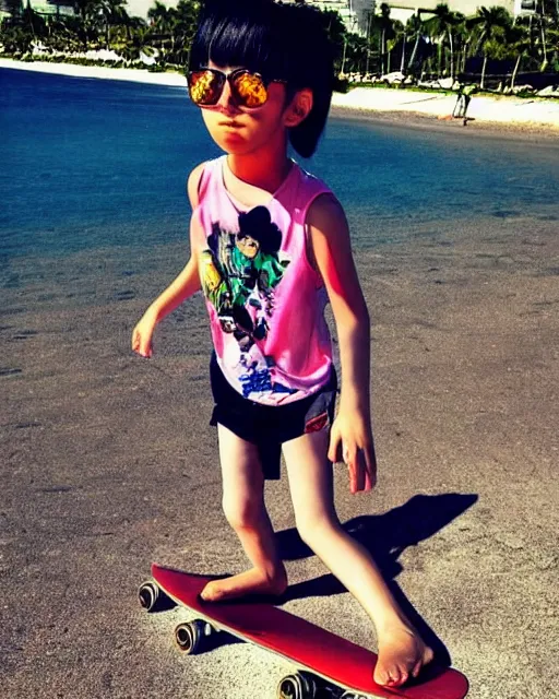 Image similar to low angle iphone HDR photo of beautiful swag Iwakura Lain as a fit slender skateboard kid on the beach wearing rayban shades in Florida, 35mm, cinematic, trending on Instagram, trending on ArtStation, by WLOP, 8k, 4k, HD