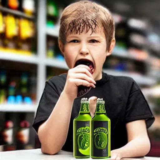 Prompt: boy hold beer bottle in the shop. angry casier refuse to sell.