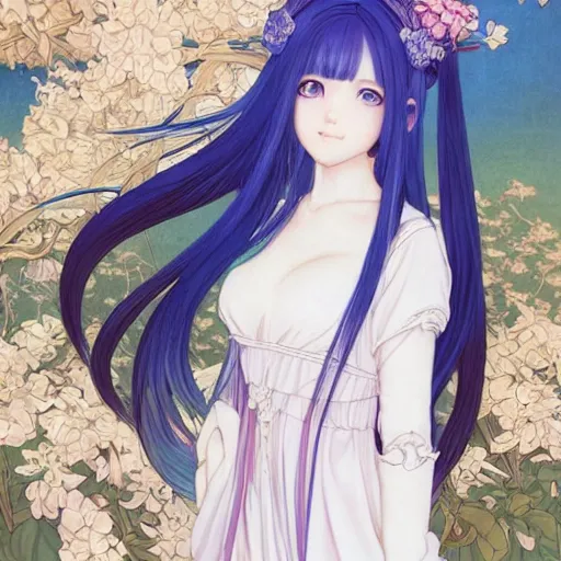 Image similar to an adult girl with long blue hair and blue eyes, a small pigtail on the left side, white fur on top,, chinese blue dress, chinese style, anime style, hyper detailed, illustration, digital painting, art by artgerm and greg rutkowski and alphonse mucha, high delicate defined details, anime stylized, highly detailed, realistic, sharp focus