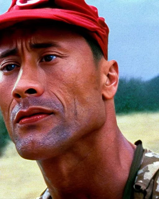 Image similar to film still close up shot of dwayne johnson as forrest gump. photographic, photography