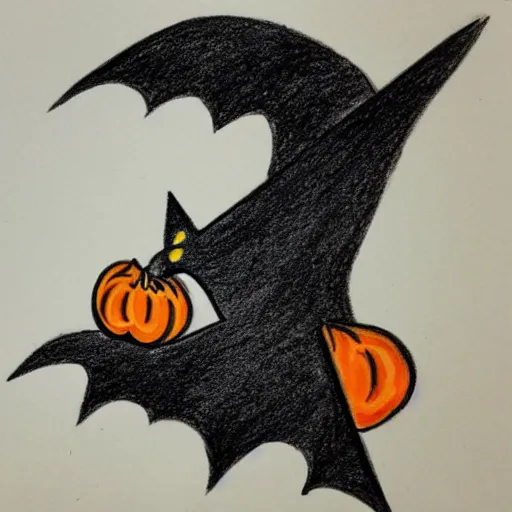 Image similar to white board drawing of a bat carrying a pumpkin