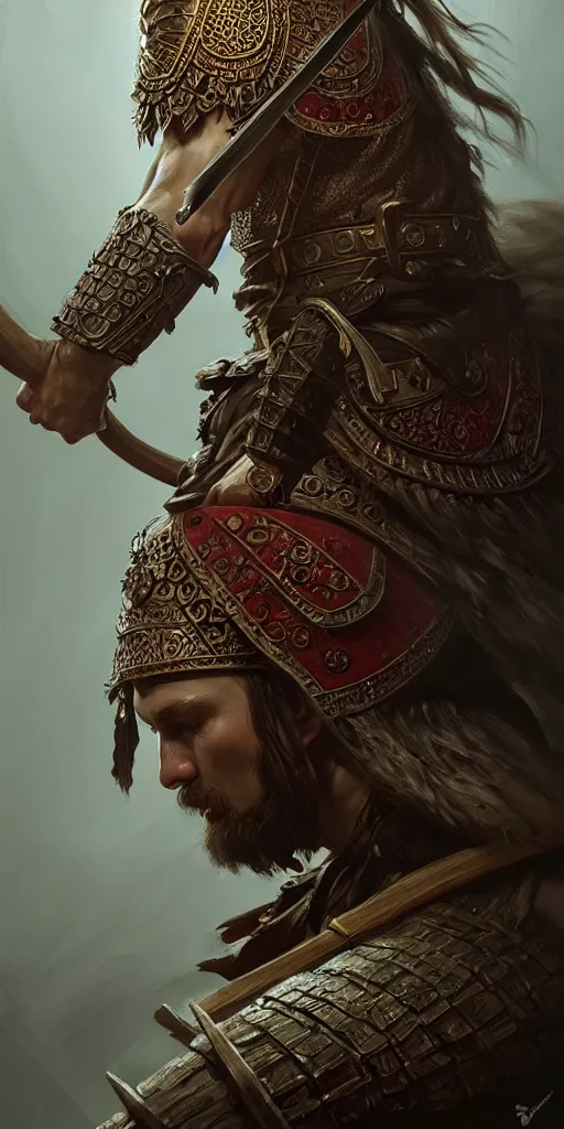 Image similar to ancient Slavic warrior, diffuse lighting, fantasy, intricate, elegant, highly detailed, lifelike, photorealistic, digital painting, artstation, illustration, concept art, smooth, sharp focus, art by Evgeny Epanchintsev and Sergey Samuilov and SunWoo Lee and Alexander Stepanchikov