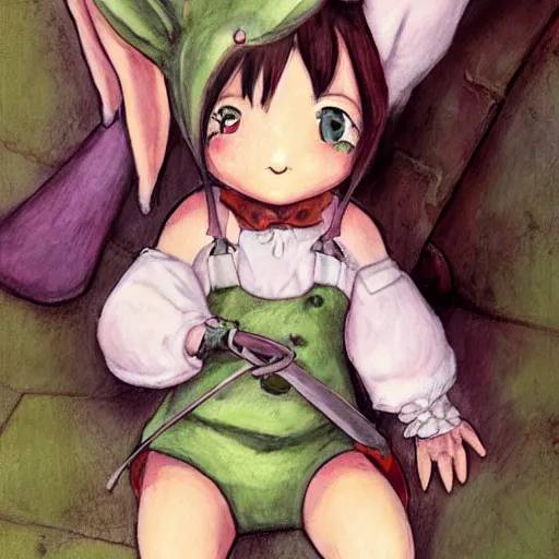 Image similar to little girl, bunny suit, artwork in made in abyss art style, inspired in balthus, clean details, baby color palette, candy, anatomically proportional, hd