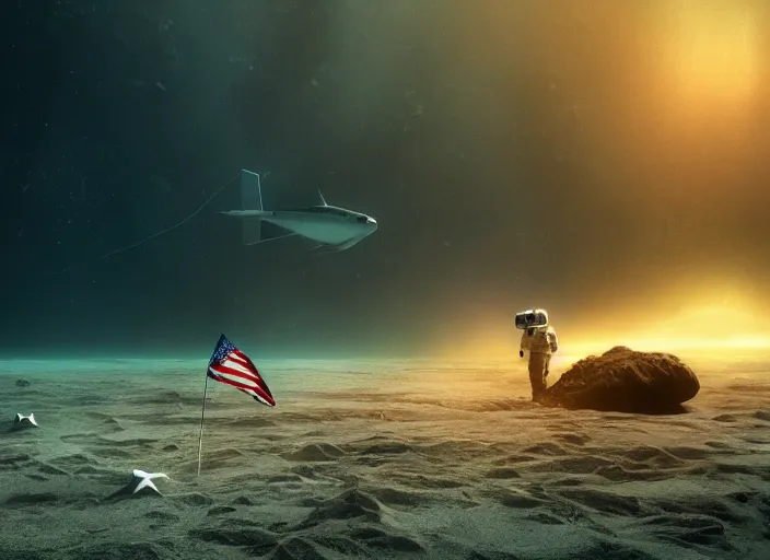 Image similar to astronaut underwater putting a flag in the sand of the bottom of the ocean. a submarine is visible in the distance. dark, concept art, cinematic, dramatic, atmospheric, 8 k, trending on artstation, low visibility, fog, ocean floor, christopher nolan, interstellar